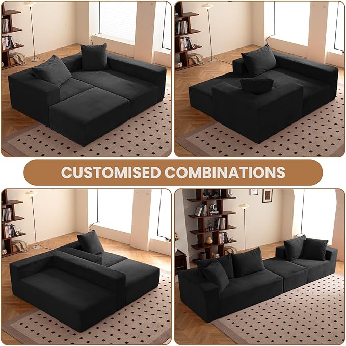 Modular Sectional Sofa, 108" L-Shaped Boneless Couch with Deep Seat, Corduroy Cloud Couch for Living Room, Bedroom, No Assembly Required, Ship in a Box, Black
