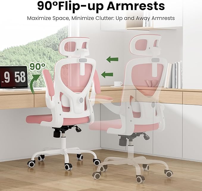 Ergonomic Office Chair, Comfy Home Office Chair High Back Computer Chair with Headrest, Adjustable Back Support, Flip-Up Arms, 90-120° Tilt and Wide Cushion, Up to 300lbs, Pink+White