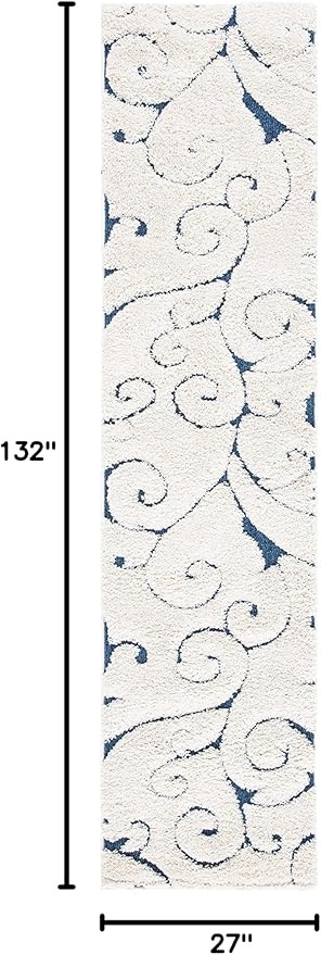 SAFAVIEH Florida Shag Collection Runner Rug - 2'3" x 11', Cream & Blue, Scroll Design, Non-Shedding & Easy Care, 1.2-inch Thick Ideal for High Traffic Areas in Living Room, Bedroom (SG455-1165)