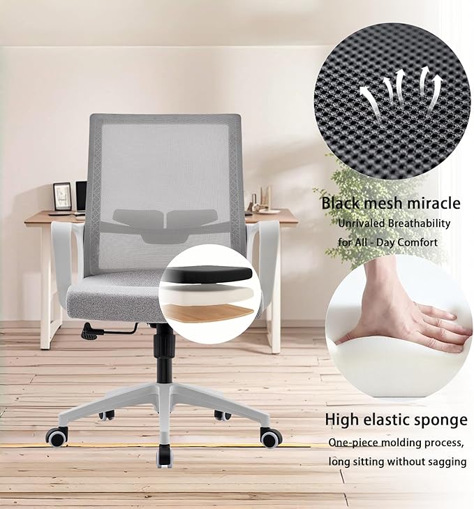 Office Chair ergonomically Designed with Breathable mesh backrest and Lumbar Support Adjustable Height Suitable for Offices Homes bedrooms Study Rooms Grey