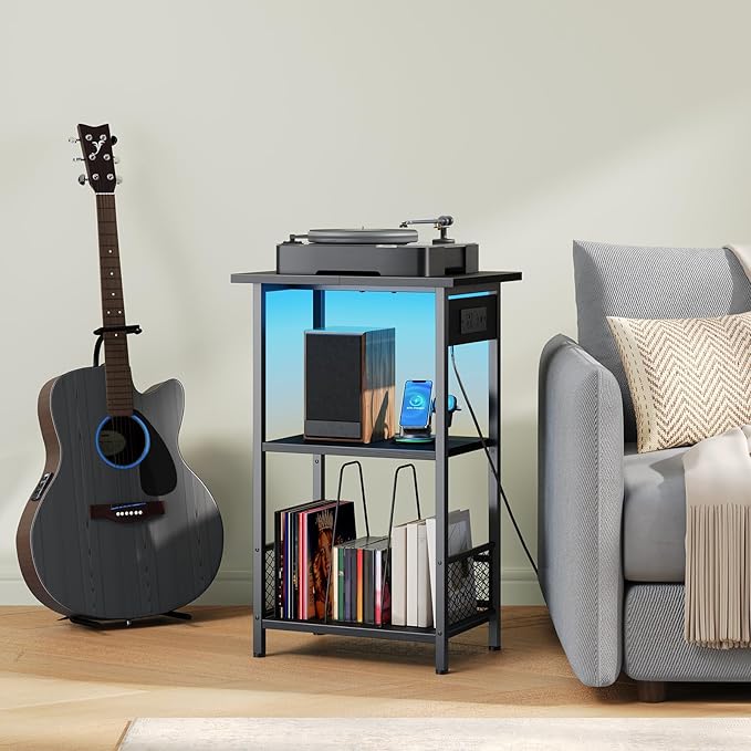 HOOBRO Record Player Stand with Charging Station and LED, Turntable Stand with Storage, 3 Tier End Table Hold Up to 100 Albums, Record Table for Vinyl, Living Room, Black BB06UDRS01