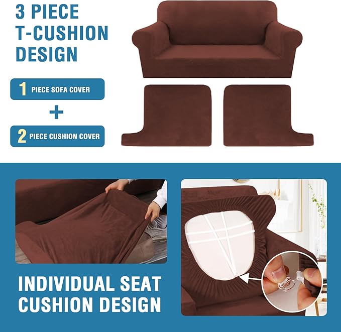 H.VERSAILTEX Sofa Cover 3 Piece T Cushion Sofa Slipcovers Thick Velvet Couch Cover Stretch T Cushion Sofa Covers for 2 Cushion Couch with 2 Individual T Cushion Covers, Burnt Brick