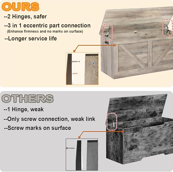 39.4" Storage Chest, Wooden Storage Bench, Large Storage Trunk with 2 Safety Hinges, Entryway Shoes Bench for Living Room, Bedroom, Grey