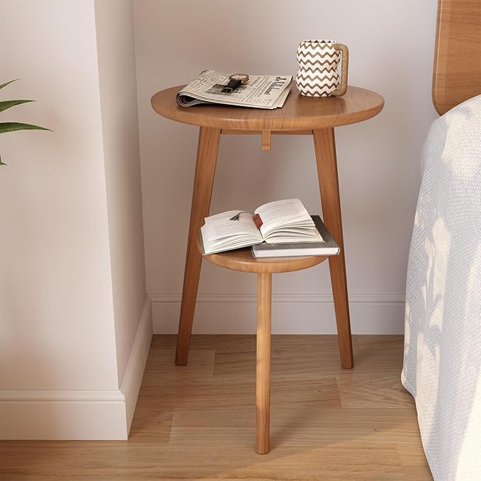 Small End Table Round End Table,Solid Wood Round Side Table with Lower Shelf，Nightstand for Small Spaces,Living Room,Bedroom(Cherry Color)