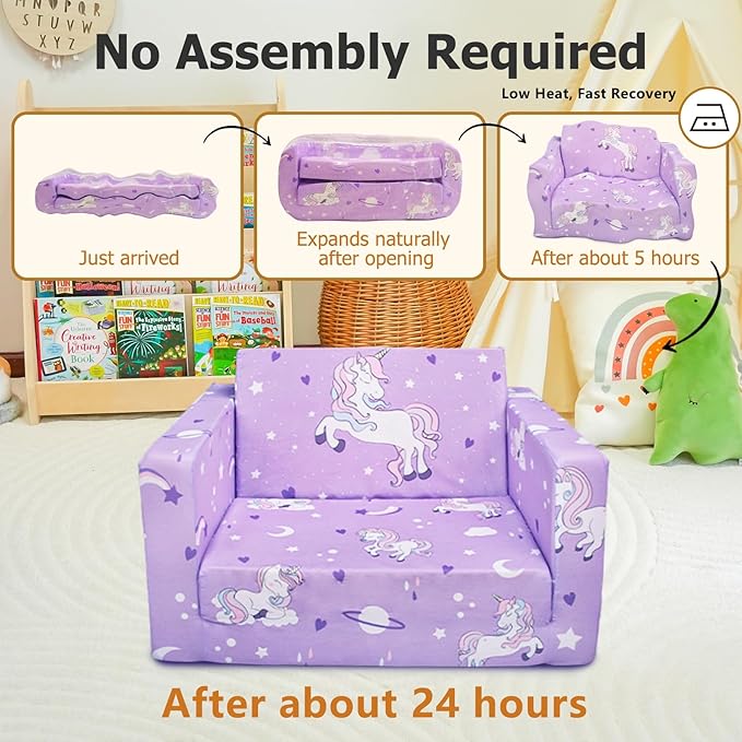 Kids Couch, 2-in-1 Kids Fold Out Sofa, Convertible Toddler Couch to Lounger for Girls and Boys, Soft Toddler Chairs Comfy 1-3 Years Old(New Unicorn)