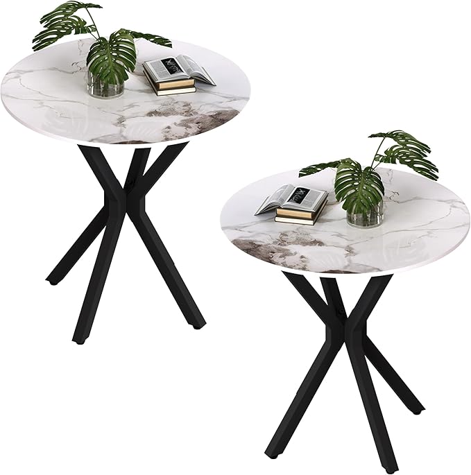Round Side Table Set of 2, Modern Stylish End Tables with Faux Marble Top and Black Metal Legs,Durable Sofa Side Tables for Living Room Bedroom