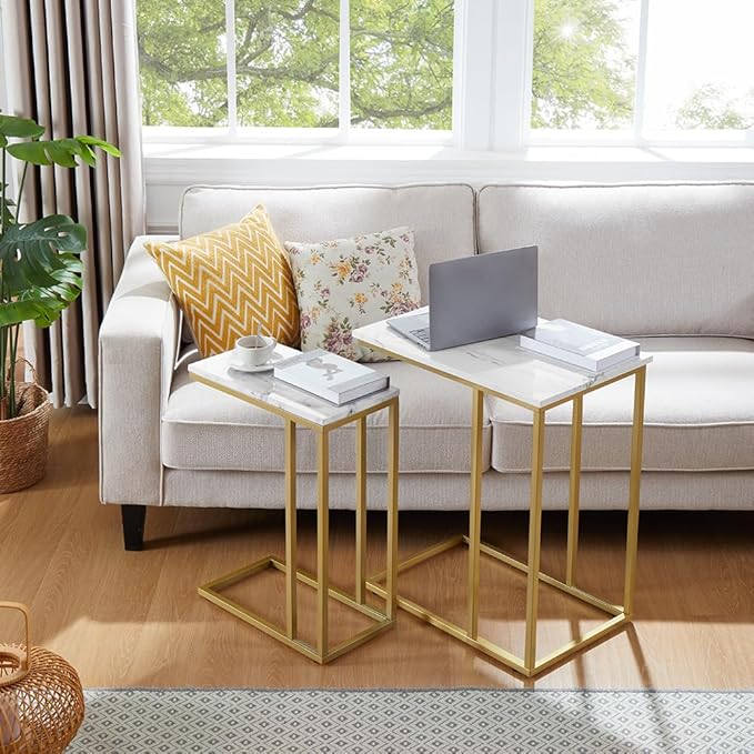 Large Size C Shaped Side Table End Table for Couch, Gold Side End Table with White Faux Marble Top, Modern Living Room Tray Table