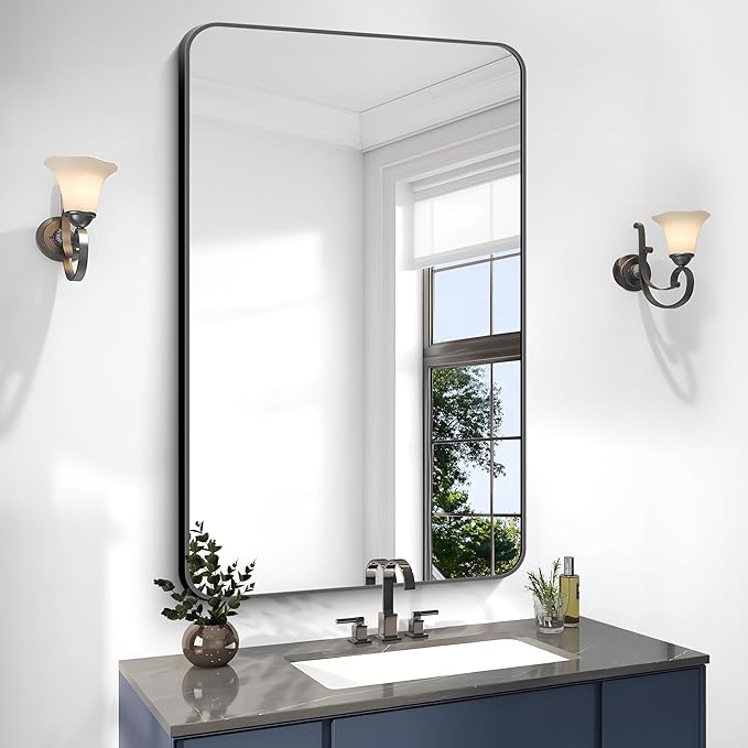 BONEWEI 30x48 inch Bathroom Mirror,Black Rectangle Mirror,Wall Mounted Bathroom Frame Vanity Mirror with Round Corner for Bedroom Living Room, Entryway Hangs Horizontal or Vertical