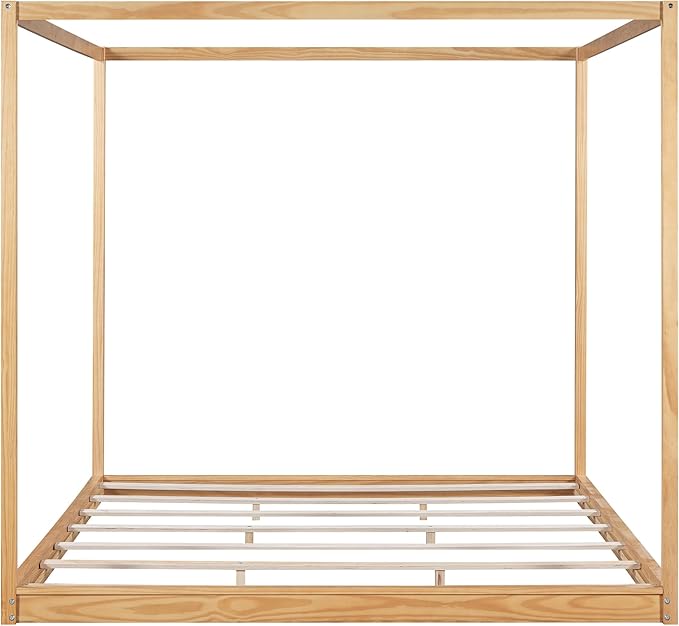 King Size Canopy Platform Bed with Support Legs,Solid Wood Bed Frame,4-Post Canopy-Platform-Bed for Kids Teens Adults, No Box Spring Needed,Natural