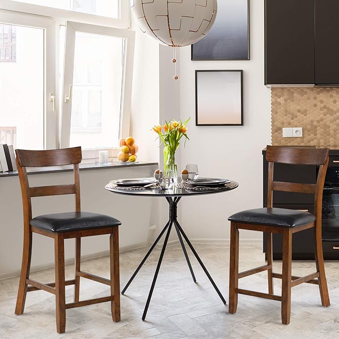 COSTWAY Bar Stools Set of 2, 25.5-Inch Counter Height Chair with Backrest, Foam-Padded Cushion, Rubber Wood Legs, Wooden Vintage Dining Chair for Bistro, Living Room, Kitchen, Brown and Black