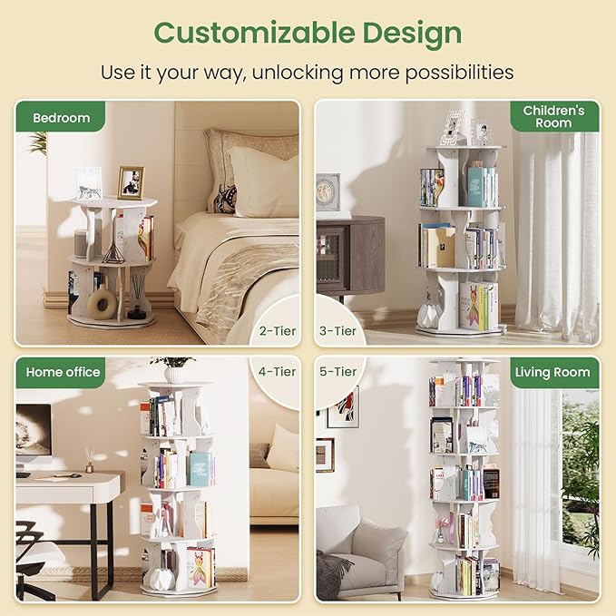 Rotating Bookshelf, 5 Tier Spinning Bookshelf Tower, Corner Revolving Storage Rack for Bedroom, Study Room, Kids Room, Living Room, Office (White, 5 Tier)
