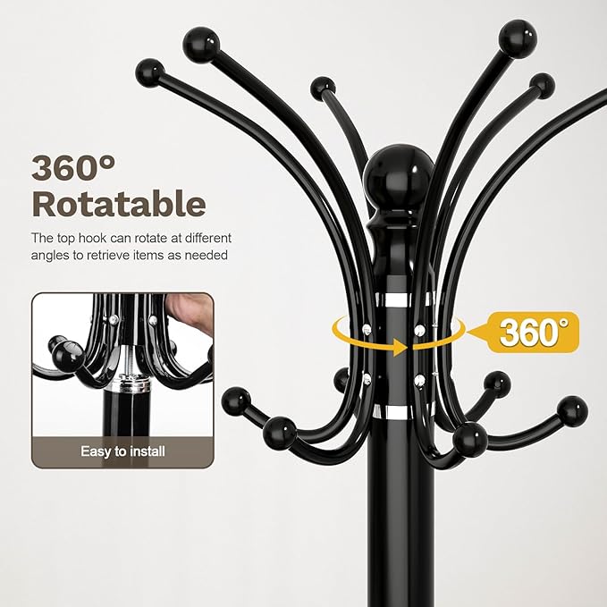 Coat Rack Freestanding with Marble Base, Heavy Duty Clothes Tree with Hooks and Umbrella Storage, Metal Hall Holder for Hanging Jacket, Hats, Scarf, Bag, Suitable for Entryway,Bedroom