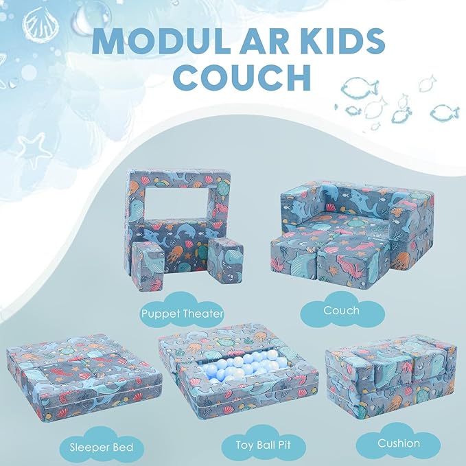 MeMoreCool Modular Kids Couch, Glow Play Toddler Couch for Bedroom Playroom, Convertible Foam Kids Sofa Bed, Fold Out Baby Sofa for Girl Boy