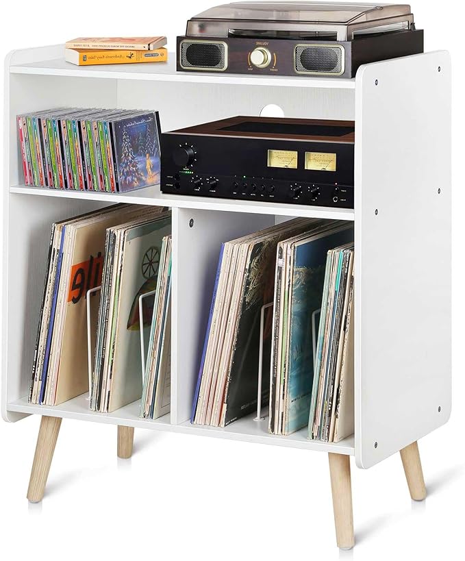 Mid-Century Wood Record Player Stand, Large Vintage Turntable Stand for Living Room, Office, 3-Tier Vinyl Record Storage Cabinet Table Holds up to 100 Albums, White