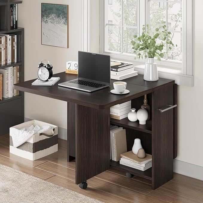 GarveeHome Folding Dining Table, Space Saving Farmhouse Dining Table for 4 Storage Shelf, 6 Wheels Multipose Expandable Kitchen Drop Leaf Table for Small Space (Dark Walnut, 47.2"D x 23.6"W x 29.5"H)