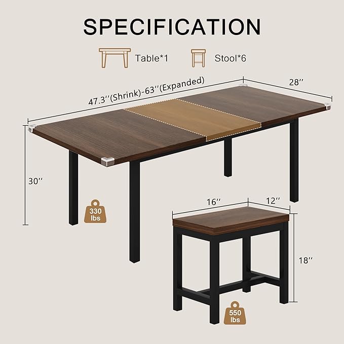 7-Piece Dining Table Set, 63" Extendable Kitchen Room Table with 6 Stools, Mid Century Modern Dinner Table with Metal Frame & MDF Board, Space-Saving, Easy Assembly, Walnut