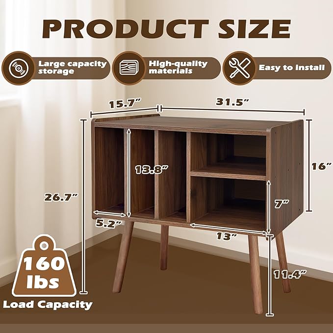 Record Player Stand with Vinyl Storage, Wooden Record Player Table with 5 Cabinet, Large Vinyl Record Player Stand, Record Player Holder, Record Player Shelf for Office Living Room, Walnut