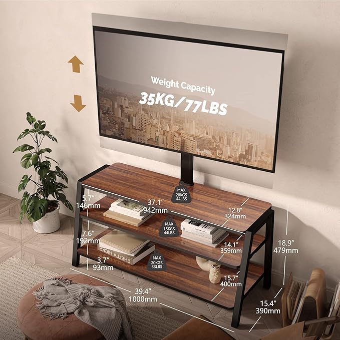 FITUEYES 3-Tier Floor TV Stand for 37-70 Inch TVs Entertainment Center Stand with Storage-Height Adjustable TV Console Stands with Walnut Board & Cable Management, VESA 600x400mm
