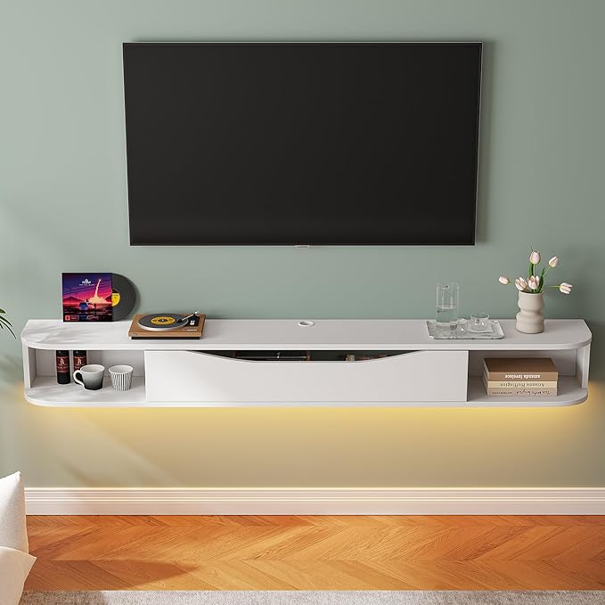 Floating TV Stand,47'' Wall Mounted TV Cabinet,Floating TV Console,Under TV Shelf with 1 Door and 2 Cabinets for TVs up to 55''(White)