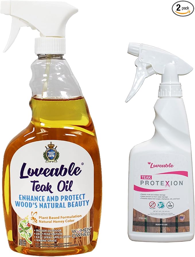 EcoDecors Loveable 24 oz Spray Bottle Teak Oil and Loveable Protection 16 oz Teak Sealer For Outdoor Furniture
