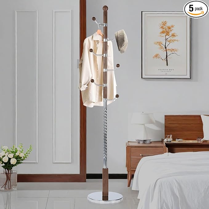 Coat Rack Freestanding, Metal Wooden Coat Tree with 6 Hooks, Heavy Duty Coat Hanger Stand with Resin and Stainless Steel Base, Free Standing Hall Tree for Scarf, Bag, Jacket (Walnut metal)