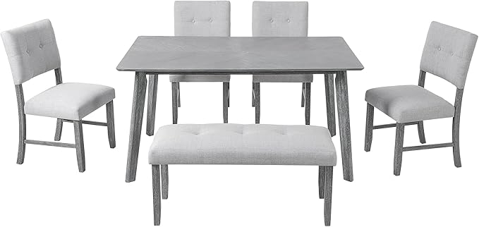 Merax 6 Piece Solid Wood Dining Table Set for 6, Rustic Farmhouse Rectangular with 4 Upholstered Wooden Chairs and 1 Bench, Kitchen Room, Gray