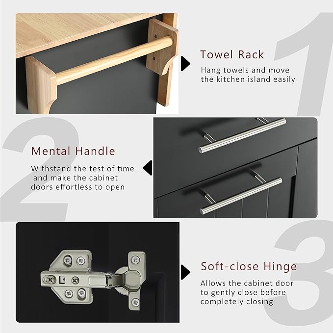 46" Kitchen Island with Drop Leaf,Dining Storage Cart W/ 3 Tier Pull Out Cabinet Organizer & Internal Storage Rack,Rolling Cart on Wheels W/Towel Rack & 2 Drawers,for Kitchen,Black