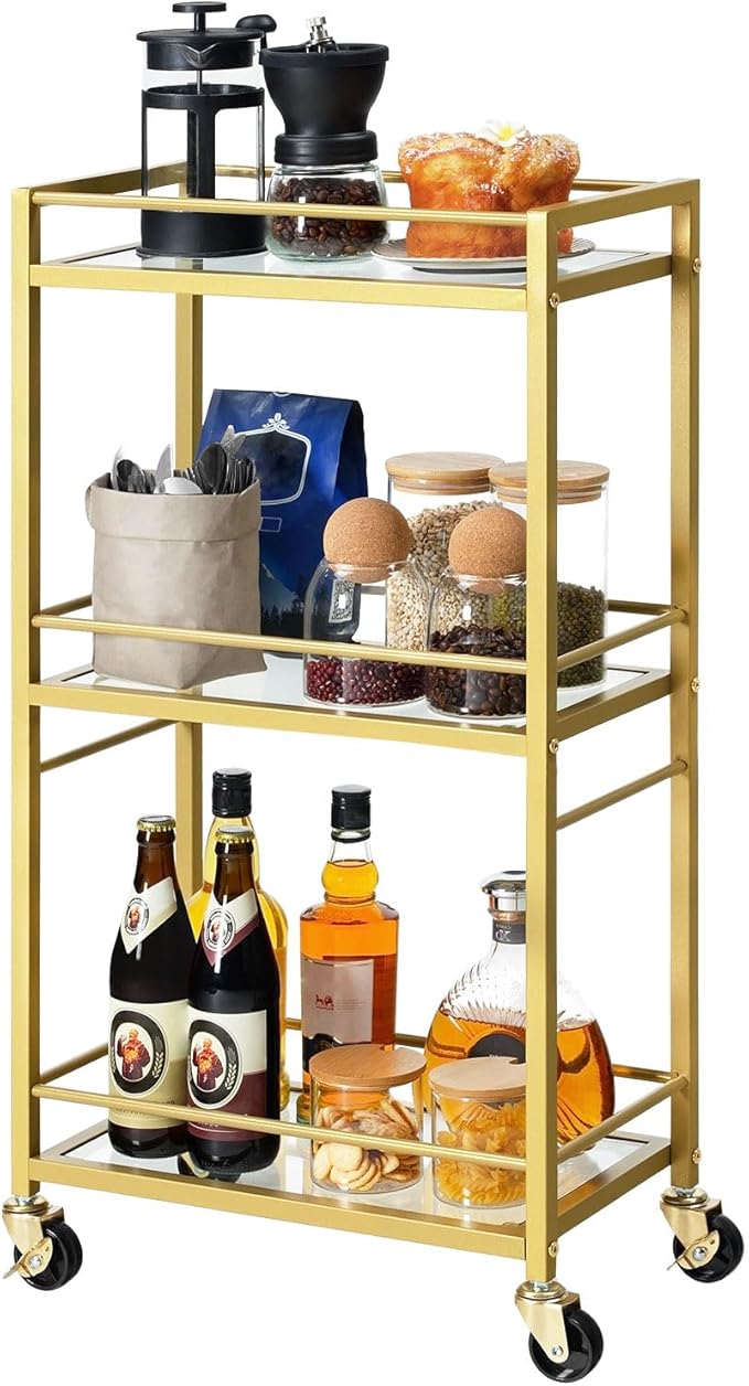 Bar Cart for The Home, 3-Tier Drink Cart on Wheels, Home Bar Serving Cart, Mini Bar Cart for Small Space, Kitchen, Dining Room, Gold RCJ40B01