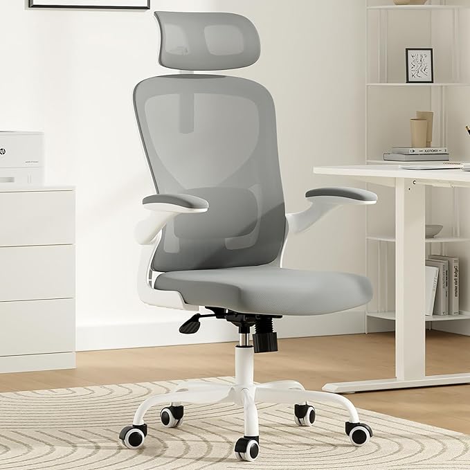 Ergonomic Office Chair, Comfy Home Office Chair High Back Computer Chair with Headrest, Adjustable Back Support, Flip-Up Arms, 90-120° Tilt and Wide Cushion, Up to 300lbs, Grey+White