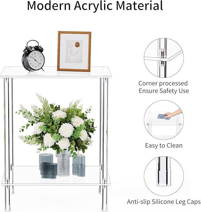 Clear Acrylic Side Table, 2-Tier End Table for Living Room, Small Modern Bedside Tables Nightstand for Bedroom, Home Decor Accent Table, 15.7" L x 11.8" W x 19.82" H, Clear