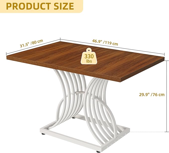 DWVO Modern Dining Table for 4 People 47 Inch Rectangular Kitchen Table with Walnut Tabletop and White Geometric Legs Small Dinner Table Kitchen & Dining Room Furniture Brown