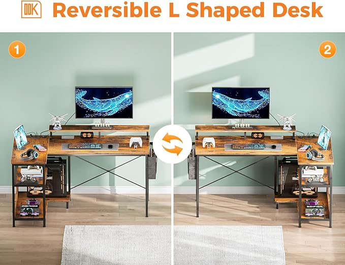 ODK 48 Inch Gaming Desk with USB Charging Ports and LED Lights, Reversible L Shaped Computer Desk with Storage Shelves & Monitor Stand, Corner Home Office Desk Table with Power Outlets, Vintage