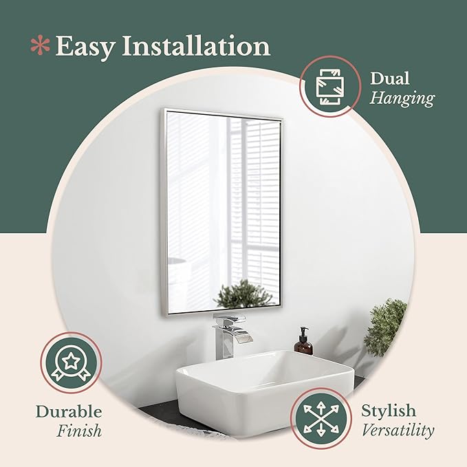 Hamilton Hills 24x36 inch Polished Silver Metal Framed Wall Mounted Mirror - Large Rectangular Wall Mirrors for Bathroom - 1/2 inch Floating Frame Vanity Nickel Glass - Hangs Horizontal or Vertical