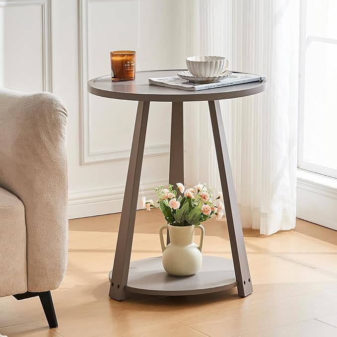 Round Solid Wood Side Table - Small Round Wooden End Table, Modern Living Room Beside Side Tables with Shelf for Couch Sofa Bedroom, Gray, 19.6 in x 19.6 in x 23.6 in