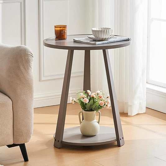 Round Solid Wood Side Table - Small Round Wooden End Table, Modern Living Room Beside Side Tables with Shelf for Couch Sofa Bedroom, Gray, 19.6 in x 19.6 in x 23.6 in