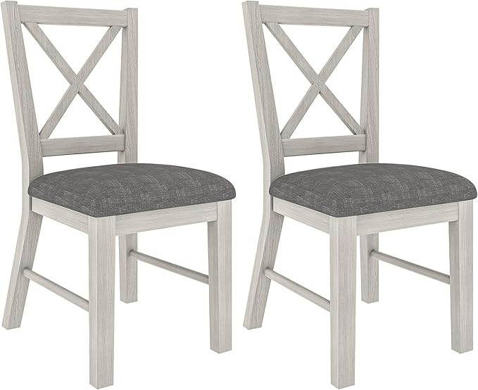 Solid Wood Dining Chairs Set of 2, Farmhouse Chairs with High Cross Back and Upholstered Seat, Easy Assembly for Dining Room, Kitchen, Washed Gray
