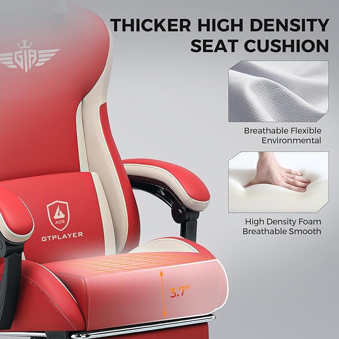 GTPLAYER Gaming Chair with Footrest, Big and Tall Game Chair High Back Computer Office Chair with Lumbar Support for Adults, Ergonomic Swivel Games Chair with Cushion Gaming Faux Leather Red