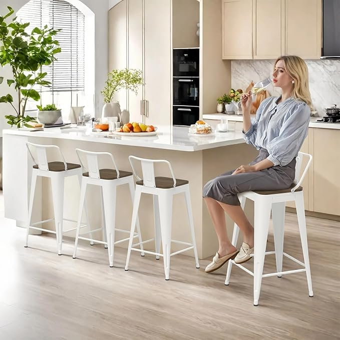 24 Inch Swivel Bar Stools Set of 4, Counter Height Bar Stools with Low Back, Metal Industrial Bar Chairs for Kitchen Island (White)