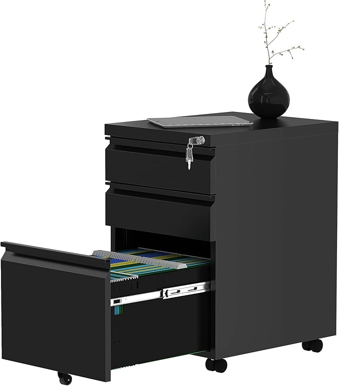 YITAHOME 3-Drawer Mobile File Cabinet with Lock, Office Storage Filing Cabinet for Legal/Letter Size, Pre-Assembled Metal File Cabinets Except Wheels Under Desk -Black