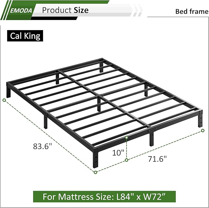 EMODA 10 Inch California King Bed Frames Heavy Duty Metal Cal King Platform with Steel Slats Support, No Box Spring Needed, Noise Free, Black