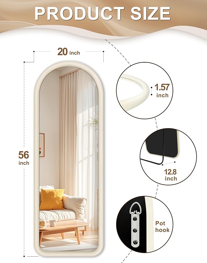 Delma Arched Full Length Mirror, Free Standing Floor Velvet Frame Mirror for Leaning or Hanging, Soft Touch Bedroom & Living Room Decor, Cream White