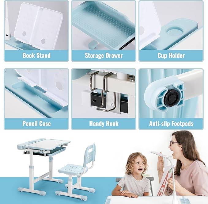 Rengue Kids Desk and Chair Set Height Adjustable School Study Desk and Chair with 55° Tiltable Desktop, 3 Modes &3 Brightness LED Lamps, Storage Drawer and Metal Hook for Boys Girls Gifts (Blue)