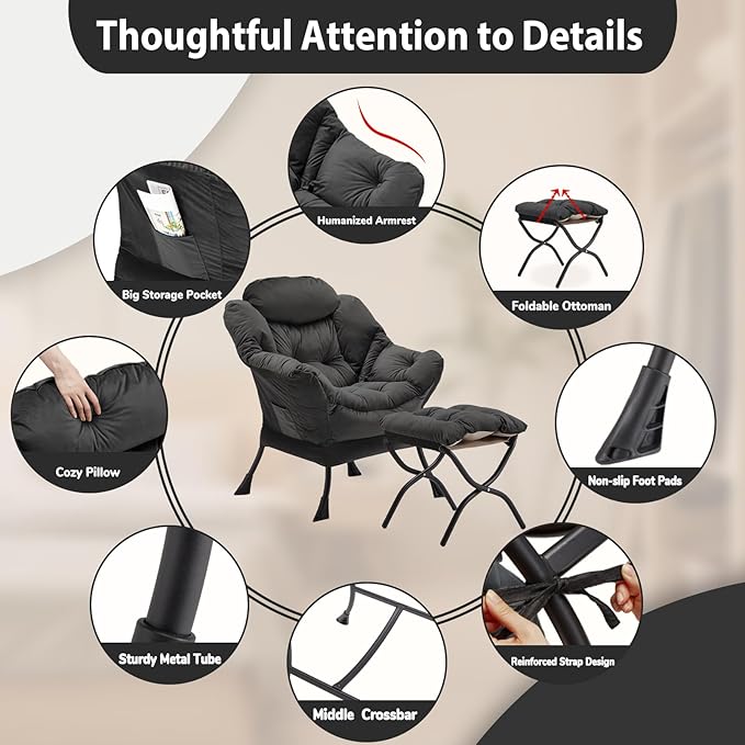 Lazy Chair with Folding Ottoman, Accent Chair Velvet Upholstered with Metal Structure and Non-Slip Pads, Sofa Armchair with Footrest and Side Storage Bag for Dorm, Office, Charcoal