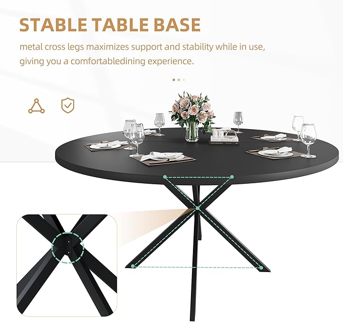 47.24" Round Dining Table for 4-6 Person, Round Kitchen Table with Wood Top, Circle Dinner Pedestal Tables with Metal Legs for Dining Room Kitchen (Black)