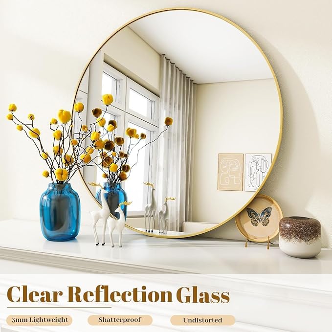 Black Round Bathroom Mirror, 42 inch Large Circle Wall Mounted Hanging Mirror with Simple Modern Circular Metal Frame for Hallway, Entryway, Living Room, Gold Frame