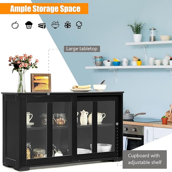 Costzon Sideboard Buffet Cabinet, Wooden Kitchen Storage Cabinet with Adjustable Shelf, Sliding Glass Doors, Accent Coffee Bar Cabinet Console Table for Living Room, Dining Room, Hallway (Black)