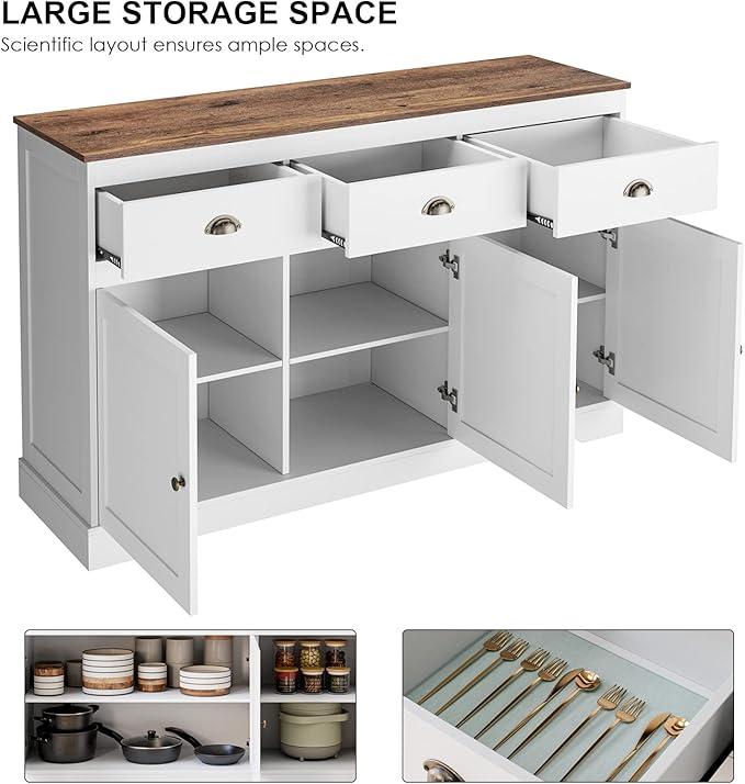 Keyluv White Buffet Cabinet Storage Sideboard Farmhouse Server Bar Wine Cabinet with 3 Drawers & 3 Doors Adjustable Shelves Console Table for Dining Living Room Kitchen Cupboard