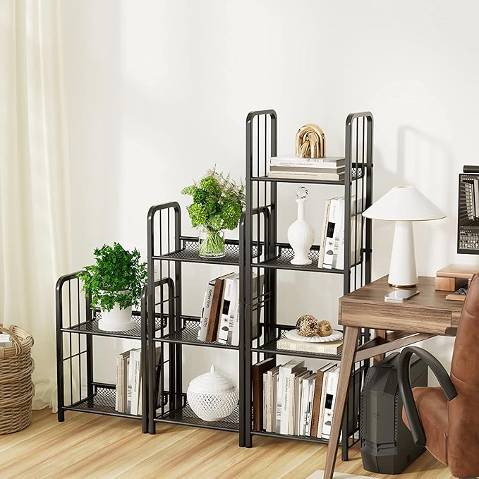 Bookshelf Storage Shelf Bookcase Freestanding Storage Stand for Living Room, Bedroom, Kitchen, Rust Resistance, Easy Assemblyl Free Combination Multi-Functional Organizer (3 Tiers, Black)