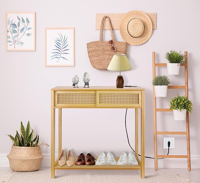 Console Table with Charging Station, Small Vanity Desk, 32" Console Tables for Entryway Table Rattan Dresser Entry Table Narrow Console Table Modern Hallway Table Boho Sofa Table for Living Room