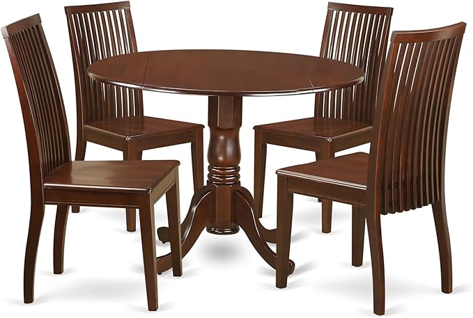 East West Furniture DLIP5-MAH-W 5 Piece Dining Room Furniture Set Includes a Round Kitchen Table with Dropleaf and 4 Dining Chairs, 42x42 Inch, Mahogany